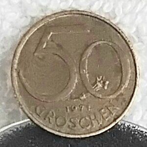 Circulated 1971 Austrian 50 Groschen Republik O'Sterreich made of Alum/Bronze!!
